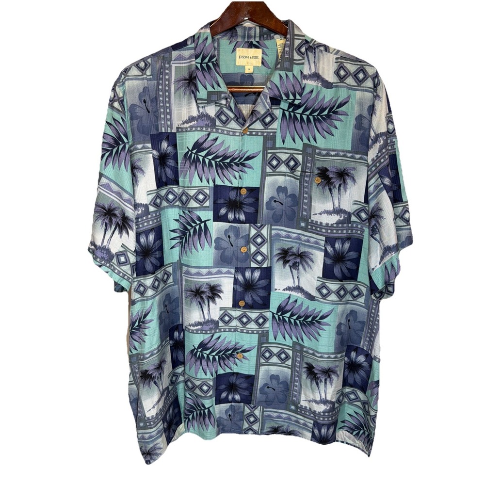 Silk Tropical Shirt Bright Floral Blue Short Sleeve Men 2XL Joseph & Feiss